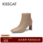 kisscat接吻猫2023冬季经典粗跟短靴高跟靴，精致方头时装靴女