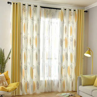 美式北欧植物树叶窗帘成品简约现代遮光客厅卧室落地棉麻拼接
