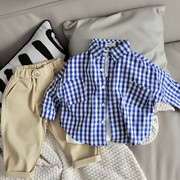 儿童格子衬衫春秋宝宝，纯棉长袖上衣男童宽松衬衣，2024春季童装