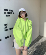 韩国2024春秋季小个子，外套连帽短款卫，衣女加绒荧光绿上衣小众