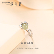 s925银猫咪戒指女玉石，韩版小清新指环，和田玉网红小猫开口戒指环