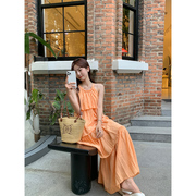 法式橘色无袖吊带连衣裙2023女马卡龙(马卡龙，)纯夏季甜美高腰通勤