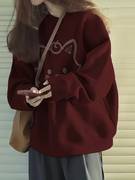 酒红色加绒加厚卫衣女2023冬季韩系韩系穿搭圆领宽松长袖上衣