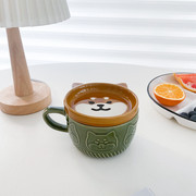 卡通柴犬熊猫陶瓷杯带盖情侣，早餐水杯高颜值学生，马克杯可爱牛奶杯