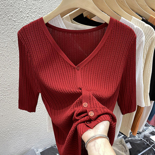 v领红色短袖针织衫女2023春夏修身显瘦开衫防晒冰丝半袖上衣