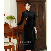 丝绒旗袍黑色高贵洋气，2024绝美改良版，裙子长袖新中式日常可穿