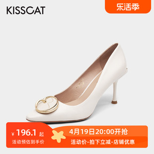 kisscat接吻猫春秋羊皮，尖头细高跟金属，扣饰婚宴单鞋女ka21500-10