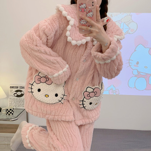 HELLOKITTY可爱卡通凯蒂猫睡衣女秋冬季加绒加厚珊瑚绒毛绒家居服
