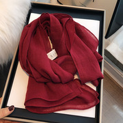 百搭酒红色棉麻围巾女冬季2023装饰丝巾小长条纯色保暖小领巾