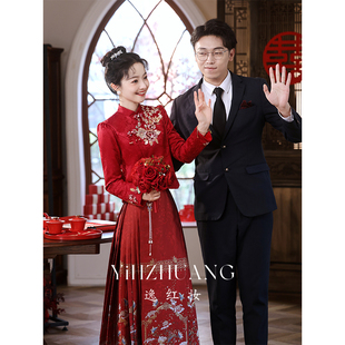 红色马面裙敬酒服2023中式订婚旗袍新娘结婚礼服套装婚礼冬季