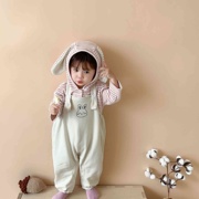 婴儿衣服春秋宝宝连体衣，套装长袖条纹，兔耳朵连帽卫衣背带裤两件套