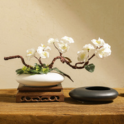中式禅意创意烟灰缸扁形鹅卵花瓶桃花艺套装茶室客厅软装饰品摆件
