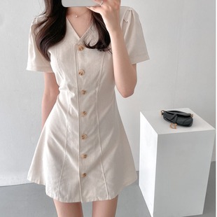 韩国chic夏装法式小众初恋甜美小个子气质收腰显瘦V领短袖连衣裙