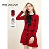 misscocoon法式小香风针织连衣裙，24春季撞色收腰红色，a字裙