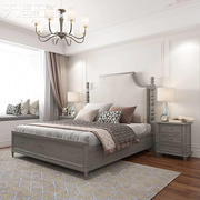 美式轻奢床白蜡木主卧2米大床欧式双人床1.8米法式复古灰色实木床
