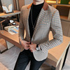 韩版修身秋季男士复古格子西装，外套轻奢个性，领子拼色千鸟格西服潮