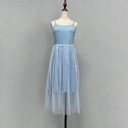 针织吊带纱纱裙蓝色中长款可调节肩带清新遮肉荷叶边吊带长裙纯棉