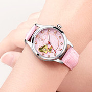 威斯凯机械镜面手表，女瑞士时尚夜光真皮玫瑰红简约白国产(白国产)腕表