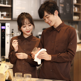 餐厅服务员工作服衬衣男女咖啡，烘焙奶茶店长袖秋冬工装，定制印logo