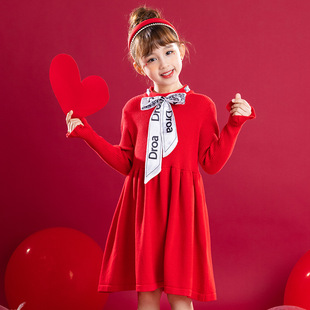 女童裙子秋冬款2022洋气红色连衣裙秋毛衣拜年装过年新年衣服
