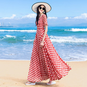 拖地连衣裙超长2024夏雪纺(夏雪纺)红色，大摆显瘦长裙旅游度假沙滩裙女