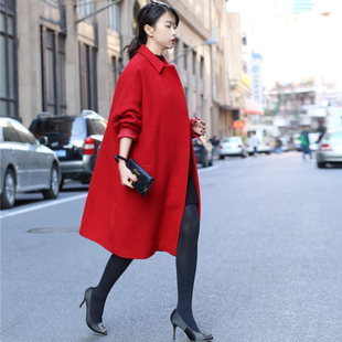 中国红呢子大衣茧型冬季中长款结婚喜庆红色，羊毛呢子大衣女