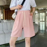 粉色西装短裤女夏季薄款运动五分裤子宽松直筒，中裤高腰冰丝休闲裤