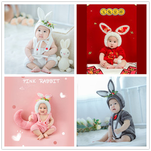 儿童摄影主题服装大耳朵兔子造型帽子婴儿百天周岁照拍照服装道具