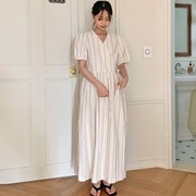 韩国东大门女装2022秋季v领短袖竖条纹，长款连衣裙子