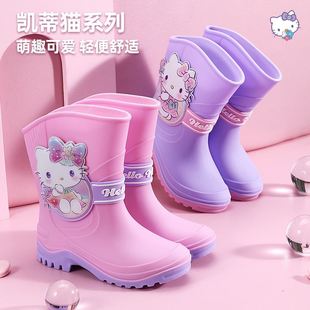 hellokitty中大儿童雨鞋防滑加绒凯蒂猫女童中筒靴子上学7岁水鞋