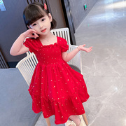 女童夏季大红色连衣裙儿童中长款裙子1岁女宝宝洋气雪纺纱公主裙2