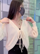 V领灯笼袖短款开衫针织披肩外套女2024春韩版蝙蝠袖毛线上衣