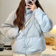 奶蓝色短款羽绒服女2023年韩版小个子立领白鸭绒面包服外套冬