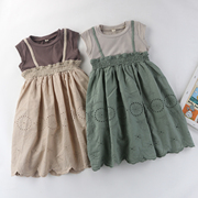 出口日单夏季女童连衣裙森系刺绣童裙假两件拼接裙100-130