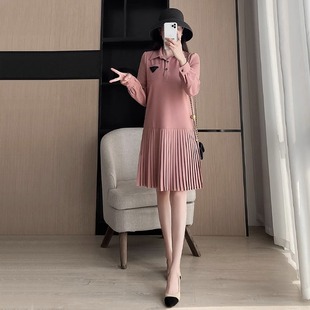 法式高级 轻龄甜美 气质Polo领百褶裙显瘦大码粉色长袖连衣裙