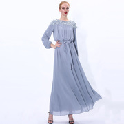 长袖连衣裙系带雪纺迪拜民族纯色女dress women long musli maxi