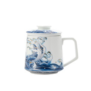 陶瓷泡茶杯狐青花瓷带盖过滤茶水分离杯，办公室茶杯个人专用水杯子