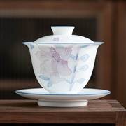 手绘百合三才盖碗茶杯单个茶碗带盖不烫手功夫茶具家用陶瓷泡茶器