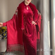 酒红色披肩婚宴妈妈婆婆，旗袍外搭外套长袖冬季超大中国风刺绣胖mm