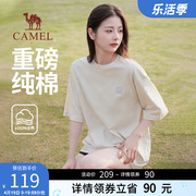 骆驼女装重磅短袖t恤女夏季2024宽松圆领，纯棉半袖体恤打底衫