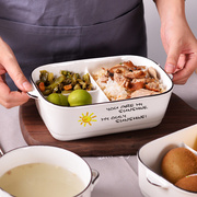 长方卡通陶瓷饭盒三格多格陶，瓷碗带盖便当盒，三件套微波炉加热餐盒