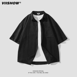 VIISHOW日系复古麂皮绒短袖衬衫男士夏季日系宽松学生衬衣CD01232