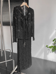 韩版黑色雪纺长袖v领上衣高腰包(高腰包)臀半身裙，套装时尚休闲洋气j$16
