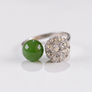 碧玉戒指女款925银戒托镶嵌锆石天然和田玉石双拼珠宝苹果绿色