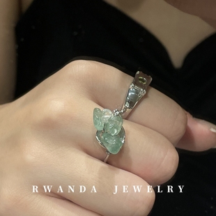 rwanda国潮新中式绿碧玺戒指，女设计小众千禧辣妹，串珠指环开口可调