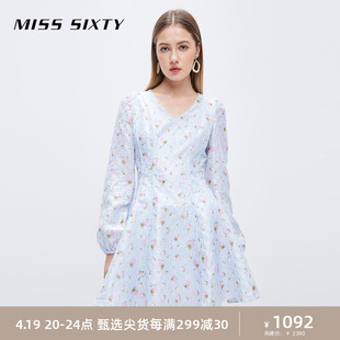 Miss Sixty法式长袖含桑蚕丝连衣裙女亚麻甜美减龄显瘦A字裙短裙