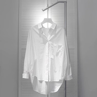 简约百搭大版bf白色衬衫女2024春季新前短后长韩版单口袋(单口袋)长袖上衣