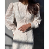 韩国chic秋季优雅气质圆领单排扣刺绣钩花设计修身显瘦长袖连衣裙