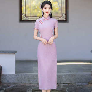 2024夏季长款旗袍，女中国风日常礼服，妈妈婚礼气质显瘦刺绣中式