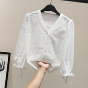 法式衬衫女七分袖2023夏装镂空刺绣花蕾丝衫上衣气质纯棉白色衬衣